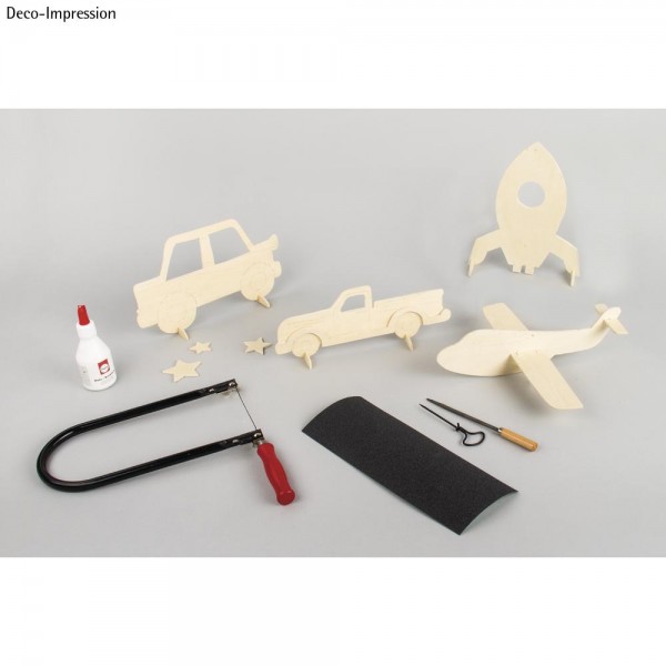 Rayher Sperrholzplatten mit Vorlagen "Fahrzeuge" / compensato con modelli "macchine"